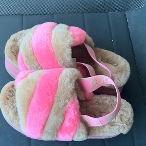 UGG Pink and Tan Fluffy Slippers